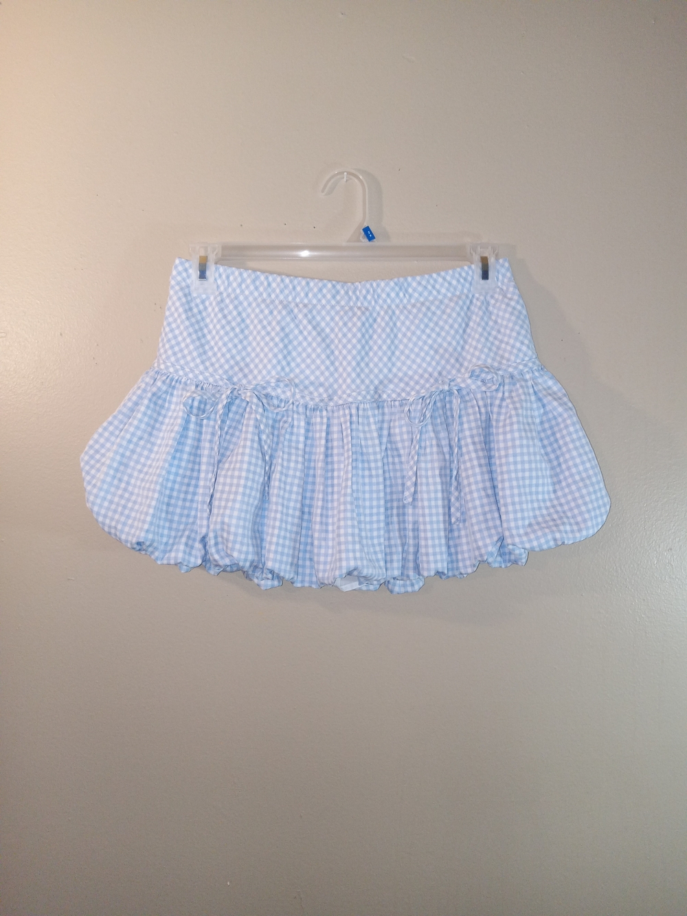 Gingham Bubble Hem Mini Skort in Light Blue